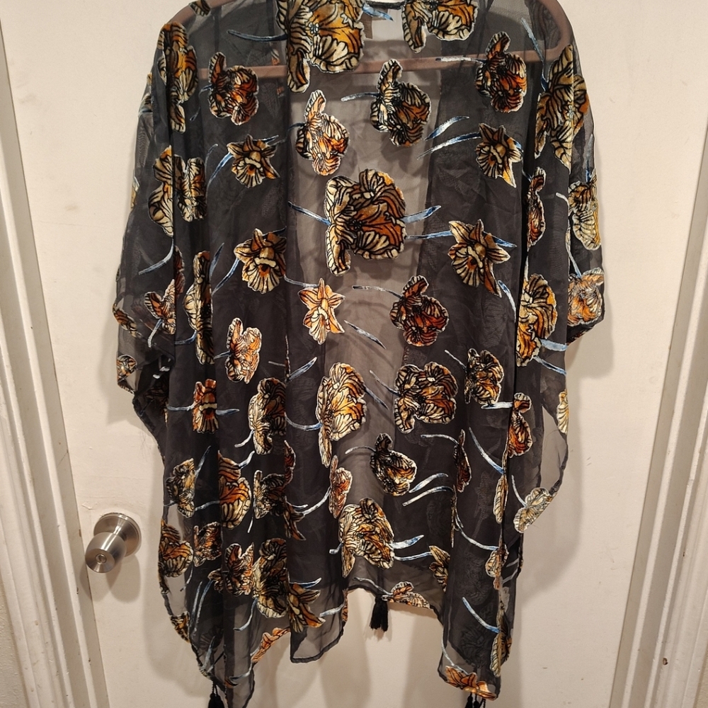 Japna Women's Velvet Burnout Kimono Duster Black & Gold Floral Sz L Whimsigoth - Picture 6 of 6